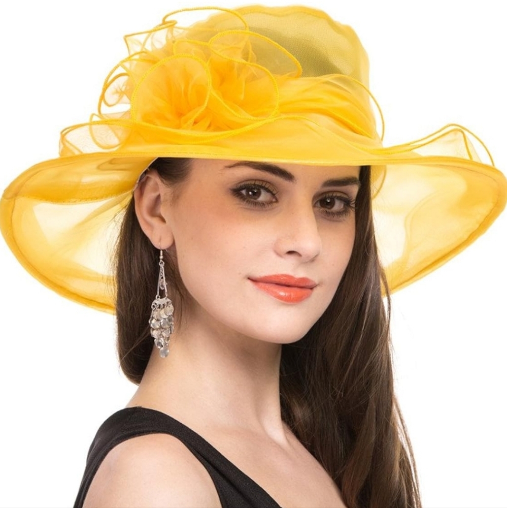 Yellow Organza Wide-Brim Women's Dress Hat - Picture 3 of 9